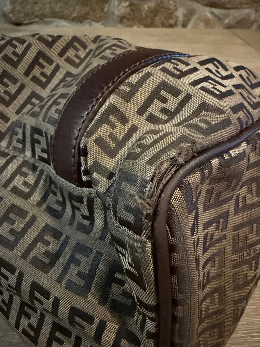 Fendi Brown Zucca Logo Canvas Satchel with Dark Brown Leather Trim